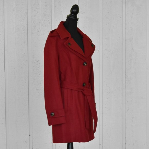 London Fog Women's Double Lapel Thigh Length Button Front Wool Coat w/Belt Red - Picture 3 of 13